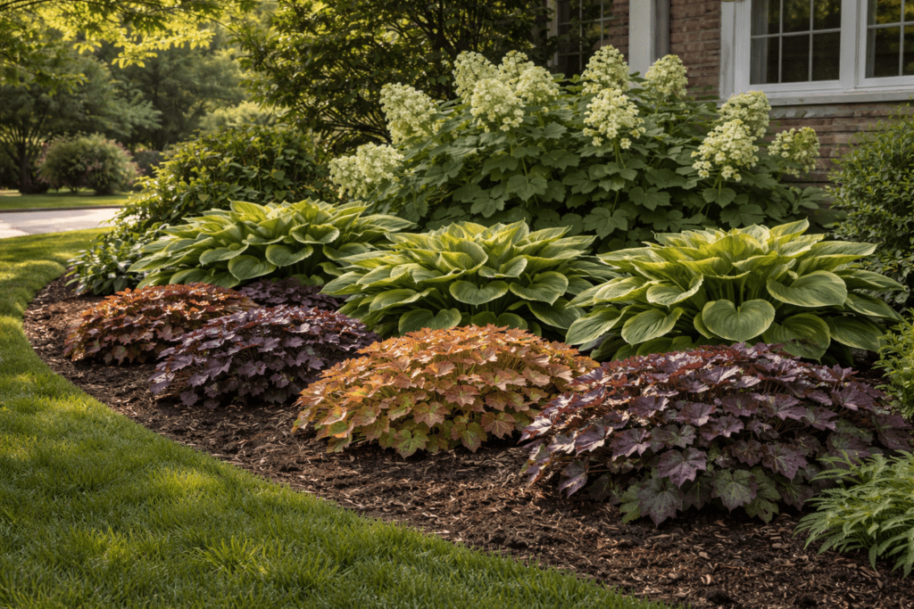Oakleaf Hydrangea + Hosta + Coral Bells Plant Combination